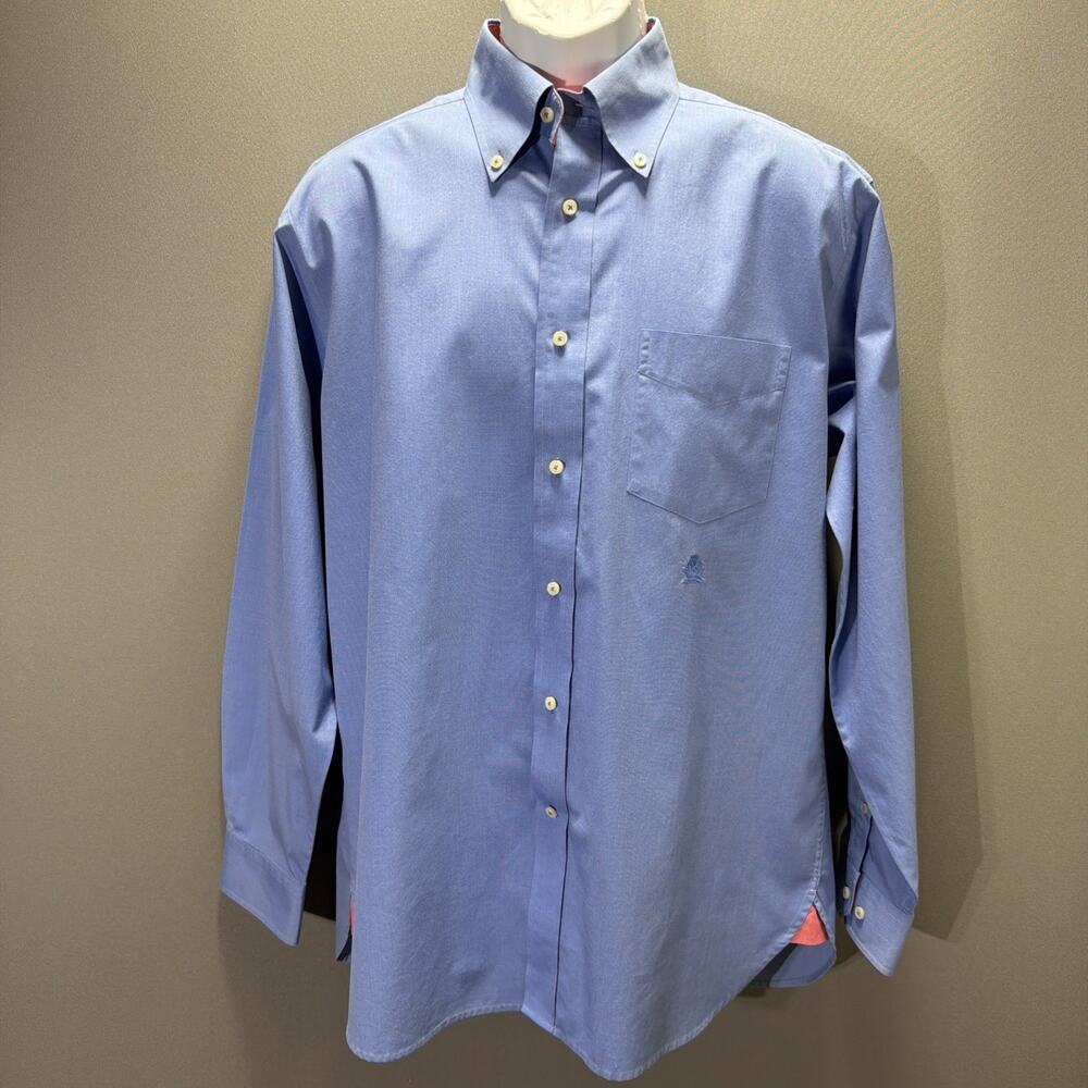 Vtg Tommy Hilfiger 80's 2 Ply Fabric Blue Pink Button Up LS Shirt Crest Logo Med